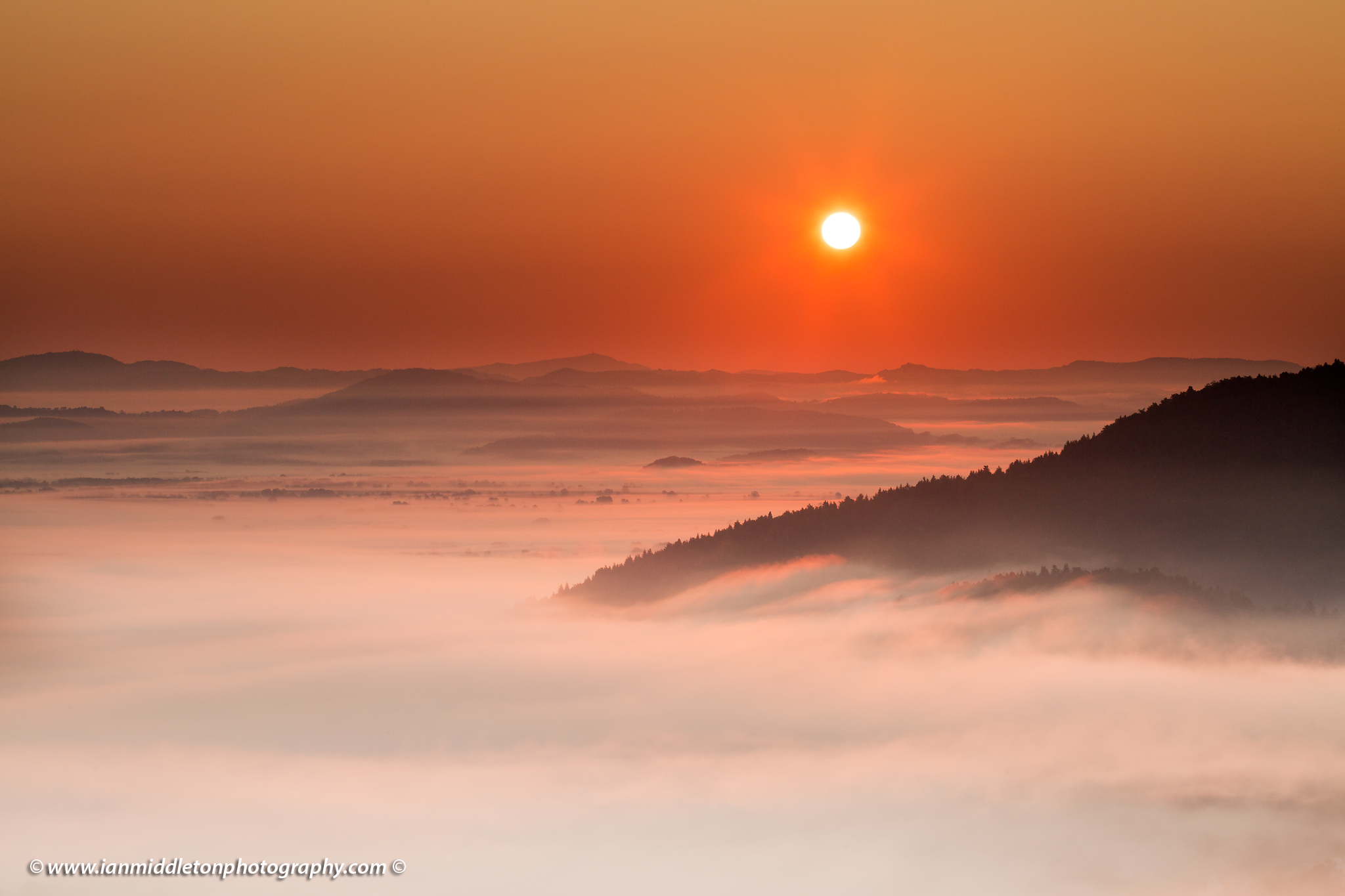 sunrise over the mist on the Ljubljana Moors (Ljubljansko Barje), a large area of wetland 160 square kilometres in size.